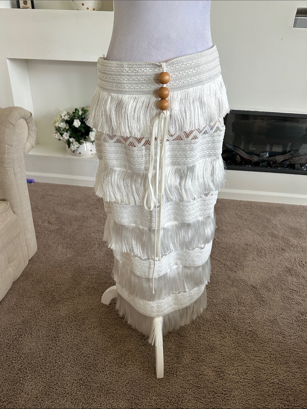 Blithe la White Fringe Maxi Skirt with Decorative Waist Tie - Picture 2 of 8